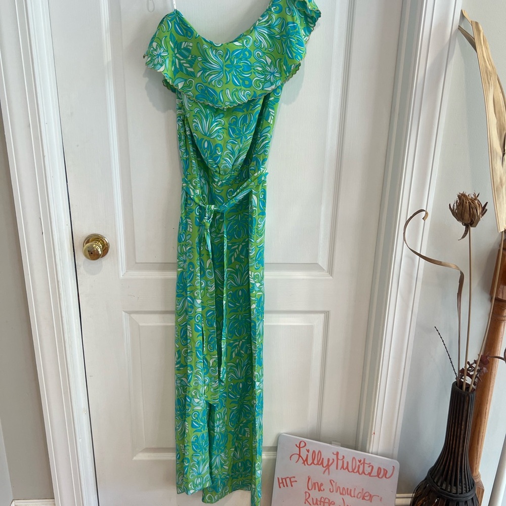 Lilly Pulitzer Green One-Shoulder Ruffle Romper